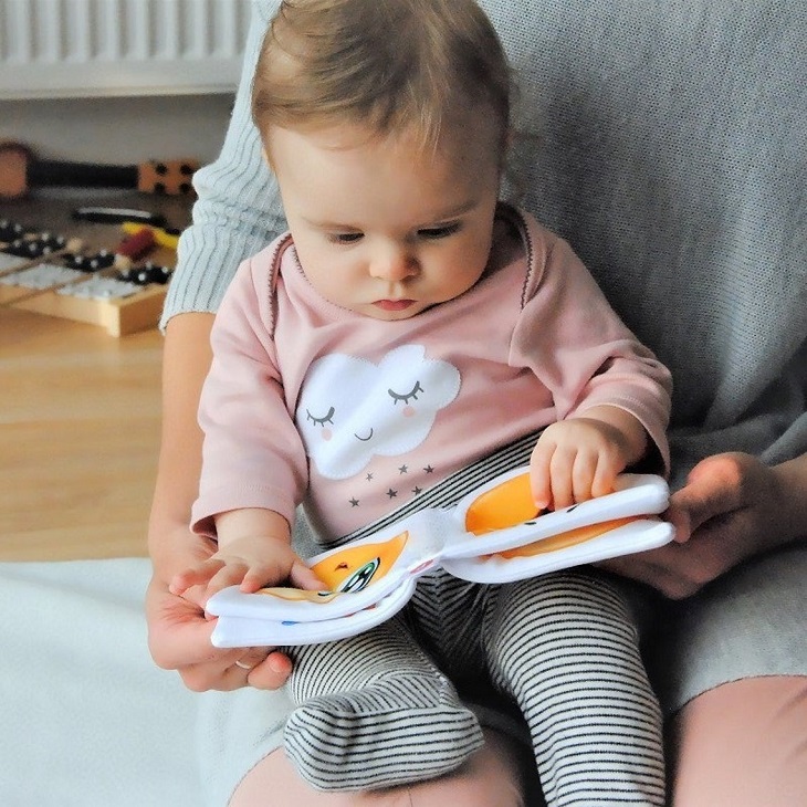 picture of a mother holding baby and a baby book