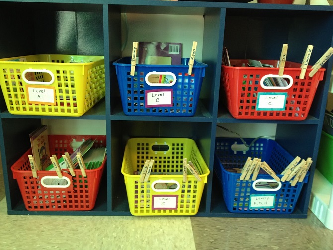 classroom baskets on shelfs 