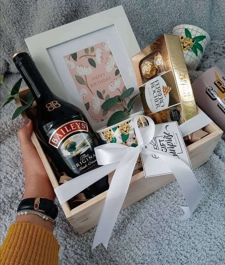 happy birthday gift basket with baileys and ferrero rocher