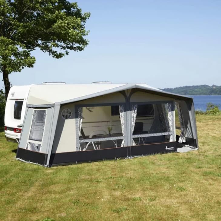 white and gray caravan awning