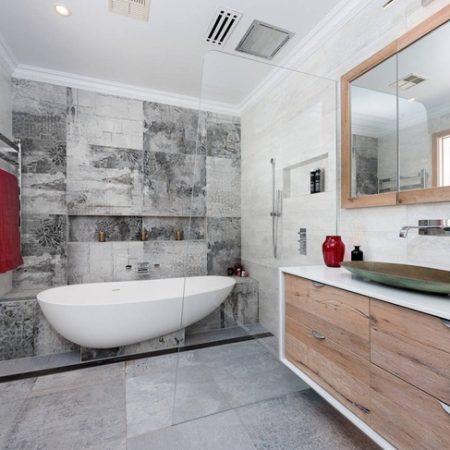 bathrom with a freestanding bathtub